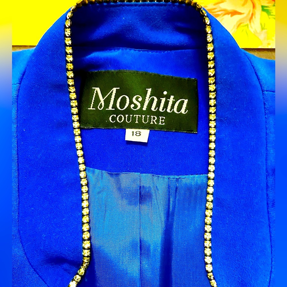 Blue Moshita Couture Royal Blue Long Blazer with Rhinestone Collar. Size 18 M/L